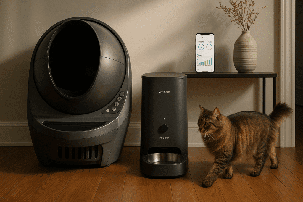 Whisker Litter-Robot and Feeder-Robot connected through the Whisker app for automated litter and feeding