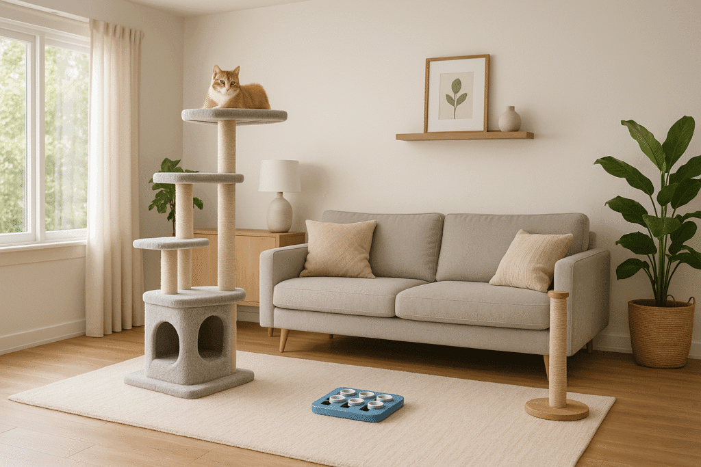 Cat-friendly living room with tree, scratching post and puzzle feeder