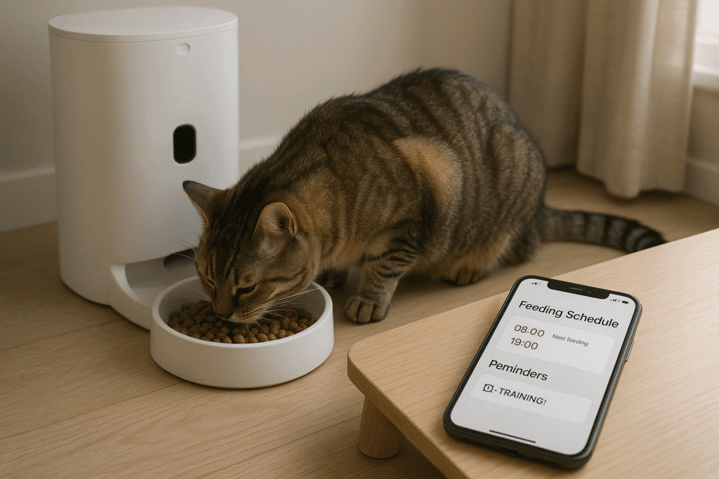 Cat eating from a smart feeder with training reminders on a smartphone