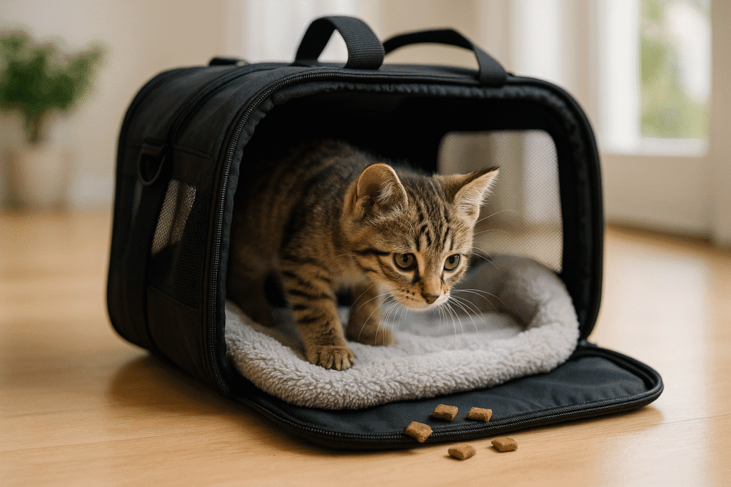 Kitten exploring an open carrier as part of training