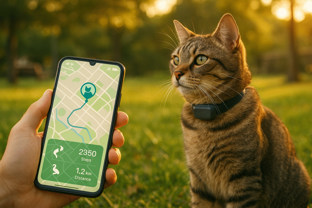 Cat wearing a GPS tracker while owner checks health and activity stats on a phone