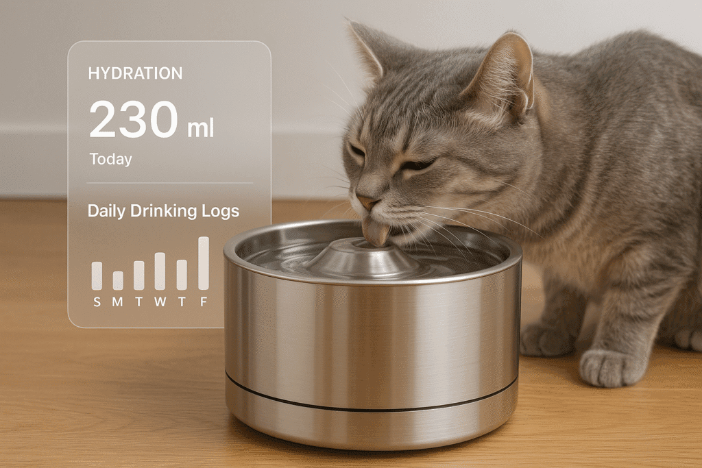 Cat drinking from a smart water fountain with hydration tracking overlay