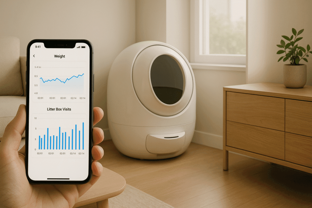 Smart litter box and app dashboard showing remote health monitoring data for a cat