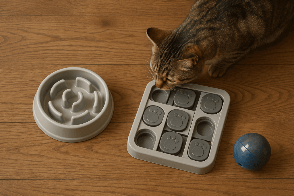 Slow feeder, puzzle feeder and treat ball used to stop a cat from overeating