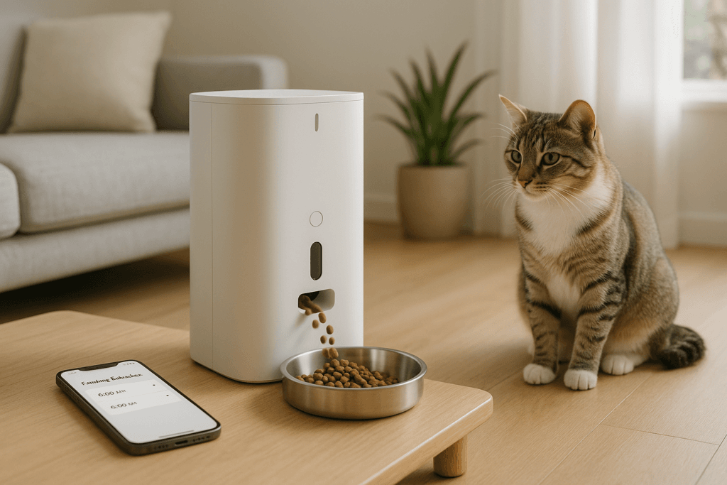 Smart cat feeder dispensing a scheduled meal for portion control