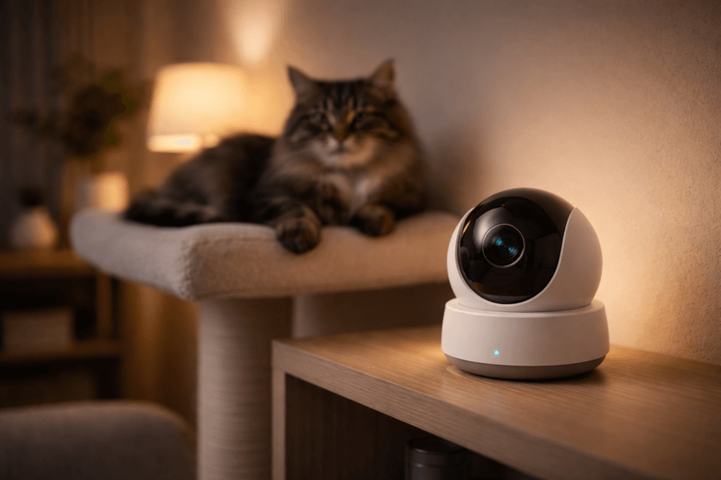 360-degree pet camera monitoring a cat’s behavior at home