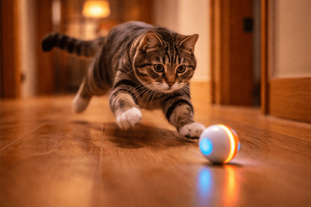 Cat playing with an interactive toy for indoor enrichment and exercise