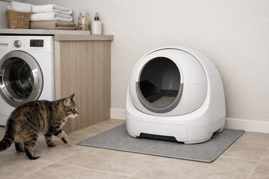 Self-cleaning litter box setup designed for cleanliness and safety