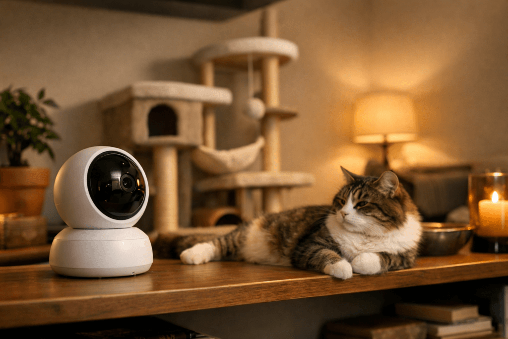 Pet camera used to observe a cat’s behavior patterns while home alone