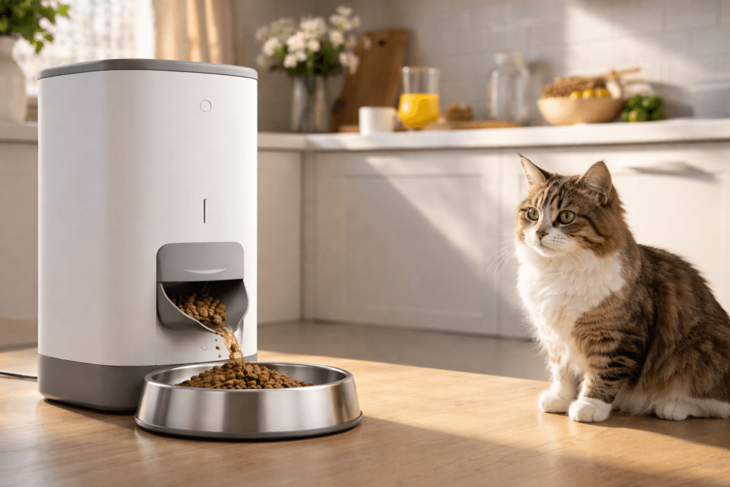 Smart feeder delivering consistent portions to support a predictable routine