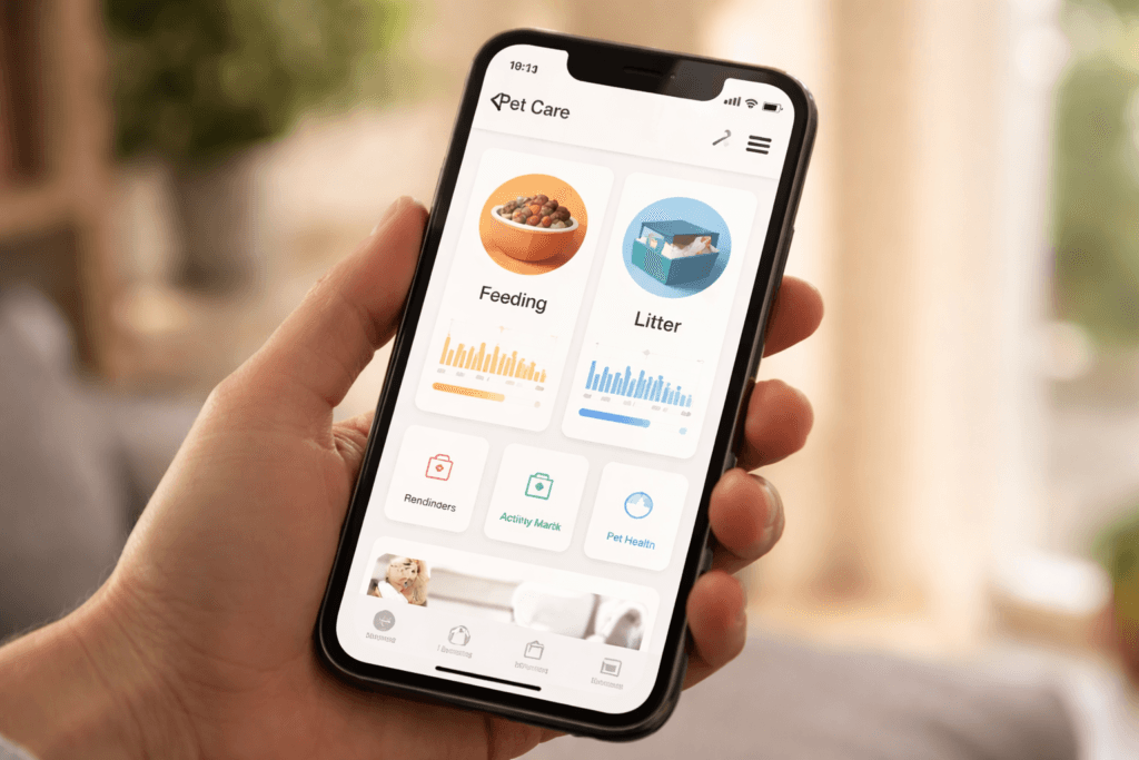 One app dashboard concept for managing smart cat devices