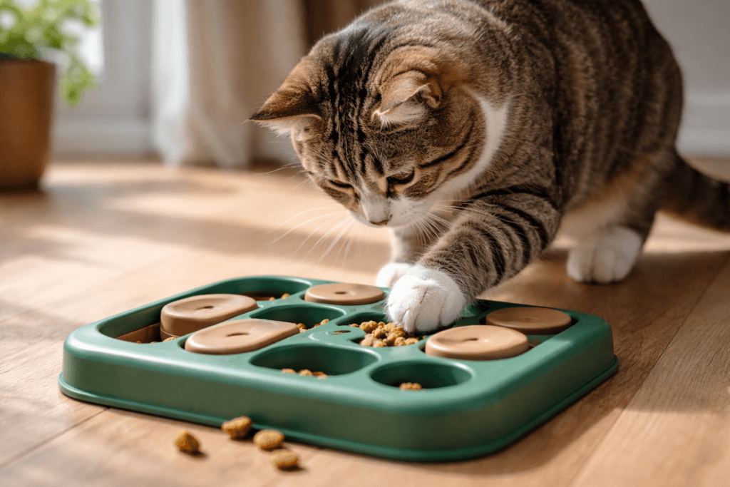 Food puzzle enrichment that reduces boredom-driven food obsession