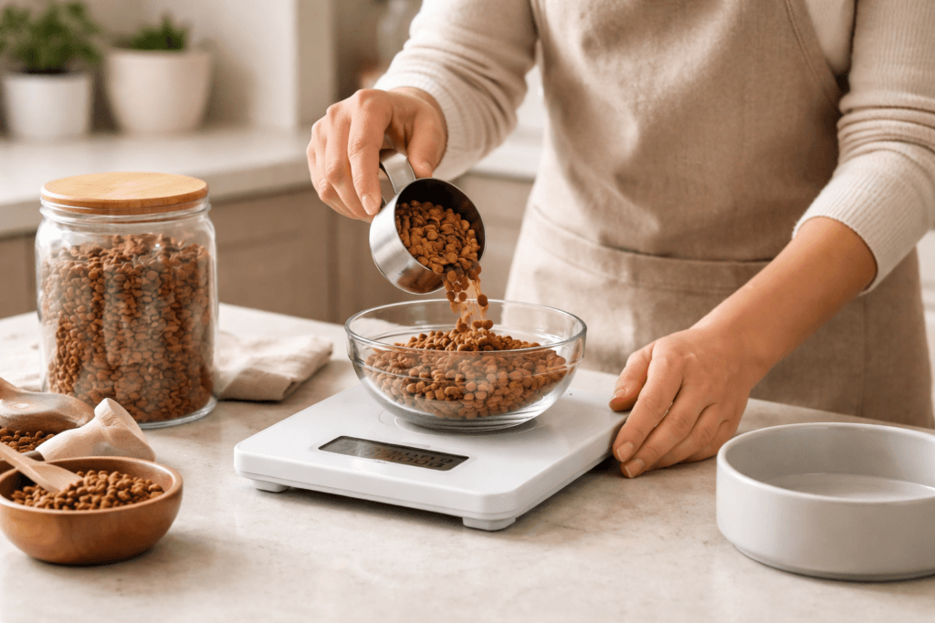 Measuring cat food portions during manual feeding for consistency