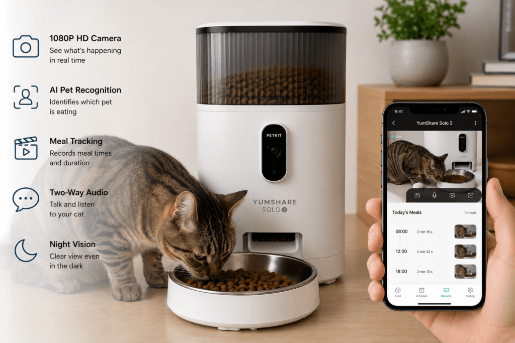 Camera-enabled smart cat feeder monitoring a cat eating with an app dashboard showing meal activity