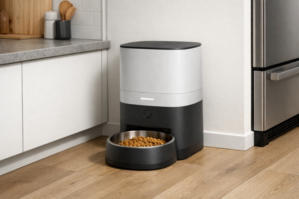Minimalist automatic cat feeder shown as a low-friction daily feeding appliance