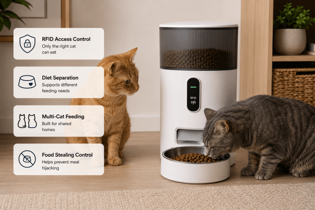 Two cats near an access-controlled smart feeder showing a multi-cat feeding setup for food stealing and diet separation