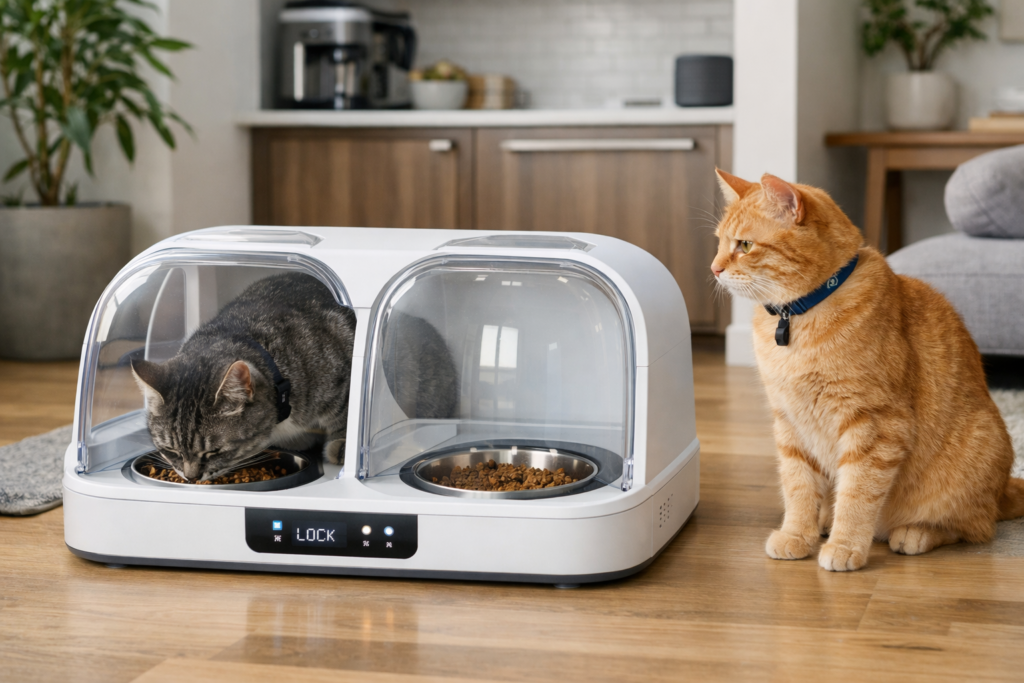 Multi-cat feeding scene illustrating individualized access control in a smart feeder setup