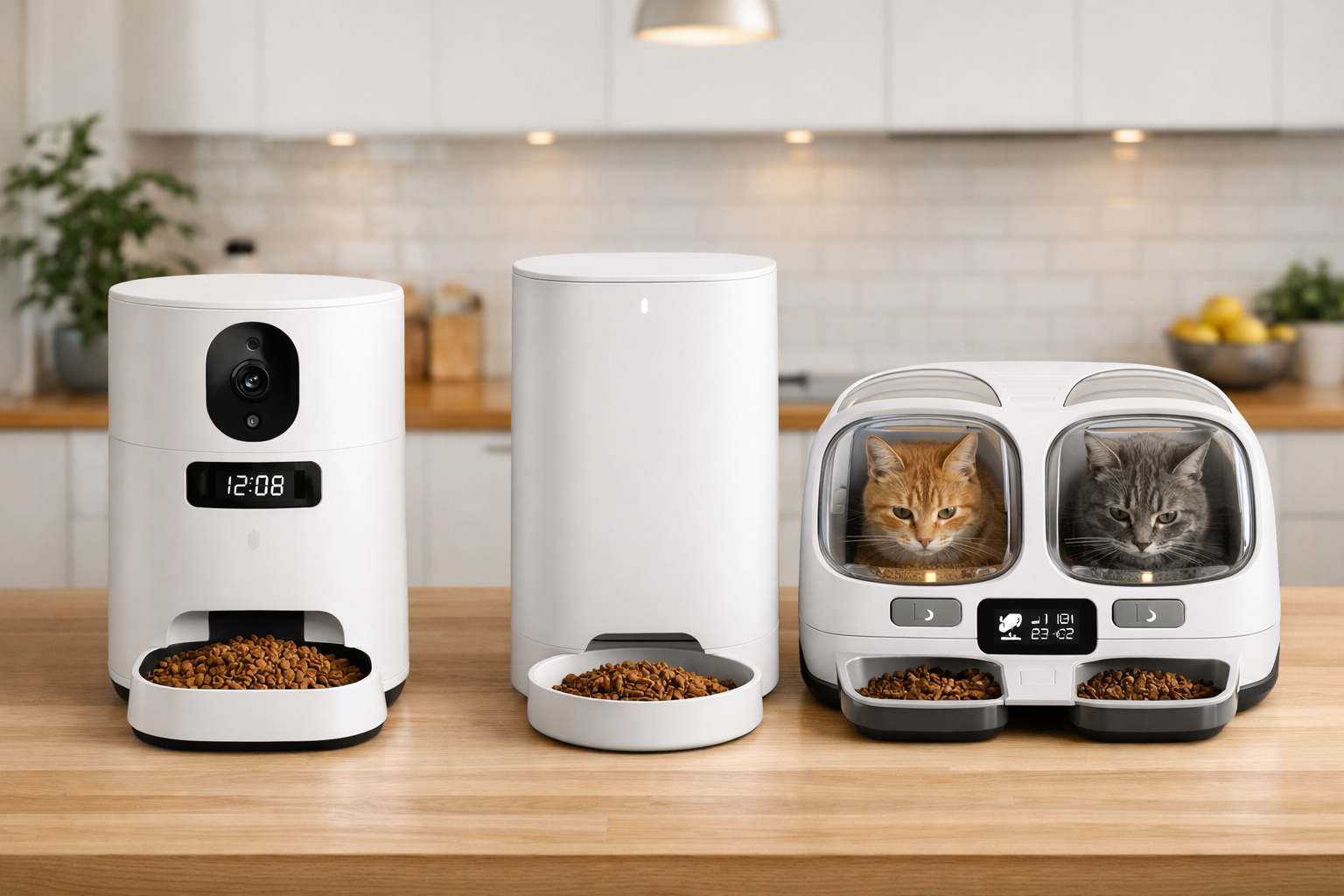 Three smart cat feeder styles shown side by side in a modern apartment for a system-level comparison