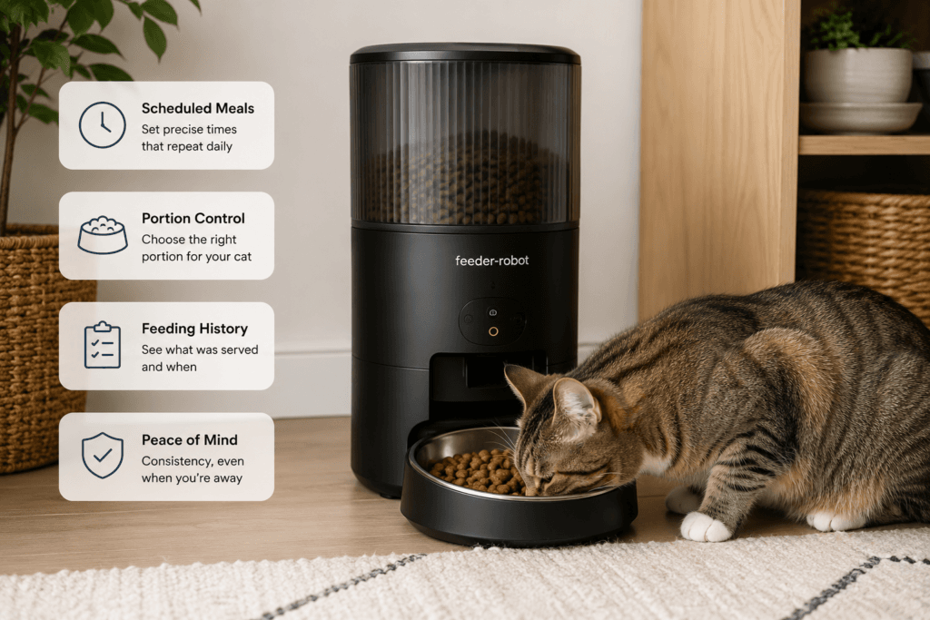 Automatic cat feeder dispensing dry food on schedule for a single cat in a quiet apartment feeding area