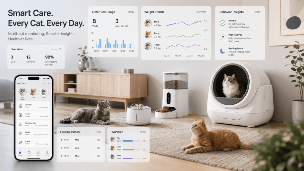 CATLINK-style smart cat monitoring system showing multi-cat litter, feeding, hydration, app reports, weight trends, and behavior data