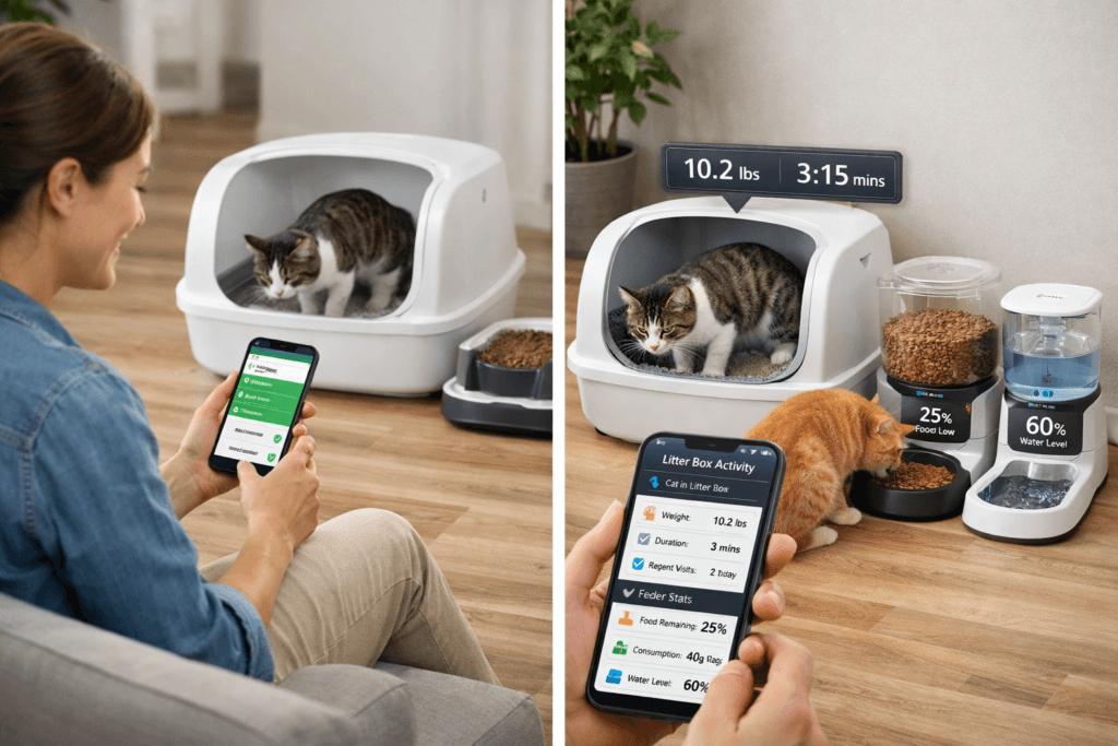 Cat owner comparing smart ecosystem control and monitoring through a mobile app