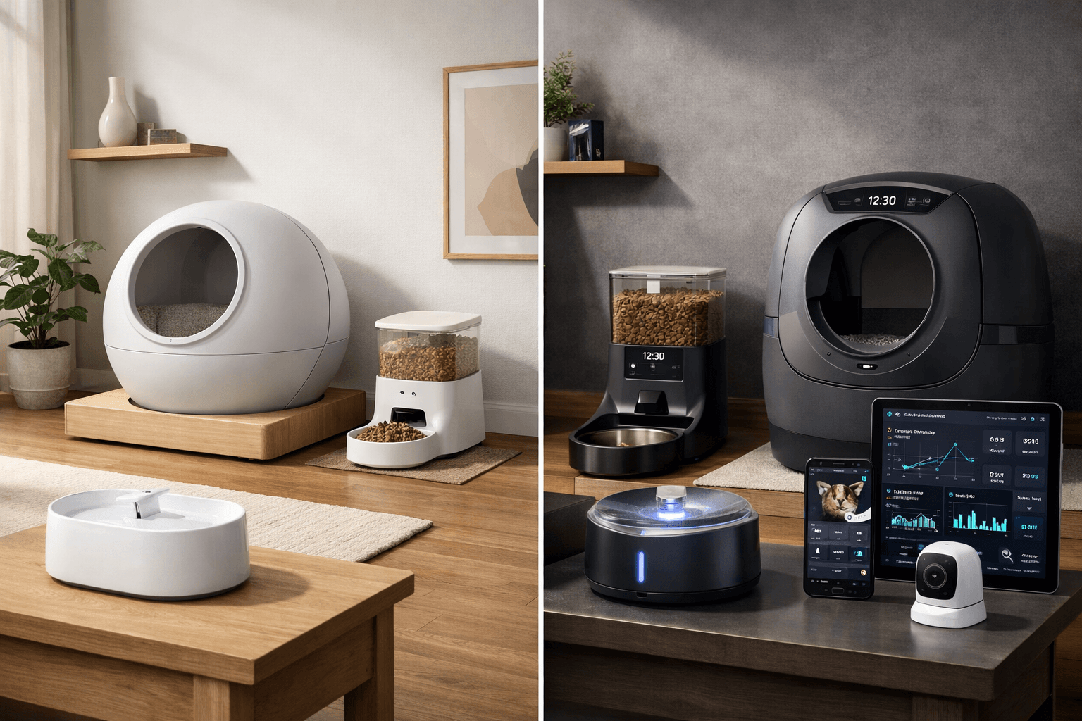 Two smart cat ecosystems shown side by side for a PETKIT vs CATLINK comparison