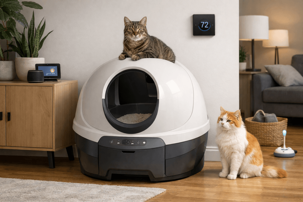 Advanced self-cleaning litter box shown in a multi-cat home environment