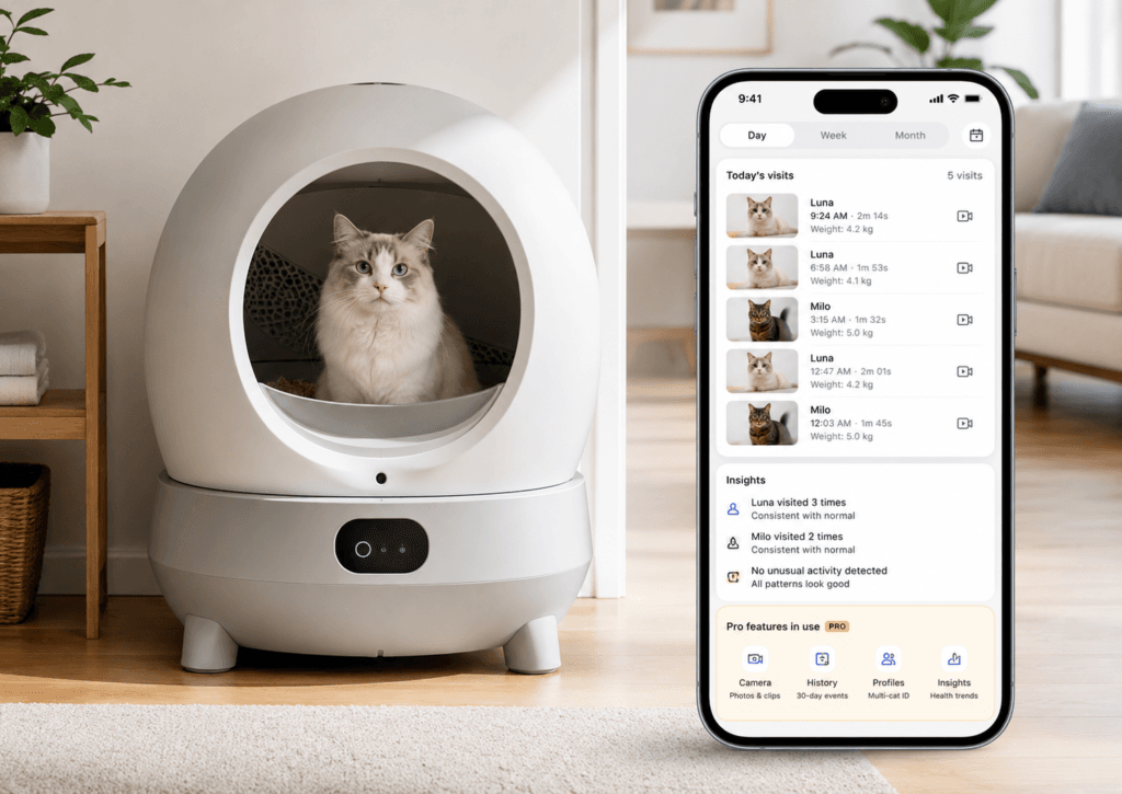 A premium automatic litter box beside a phone showing cat visit history and camera-based monitoring data