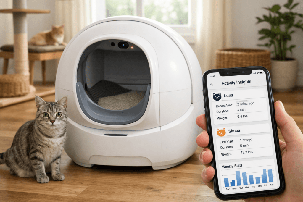 Camera-equipped smart litter box with app-based cat activity monitoring