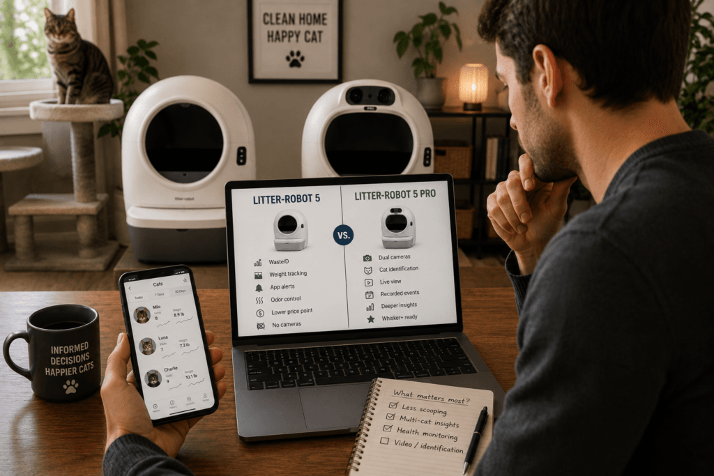 A cat owner deciding between Litter-Robot 5 and 5 Pro while reviewing camera monitoring features and price differences