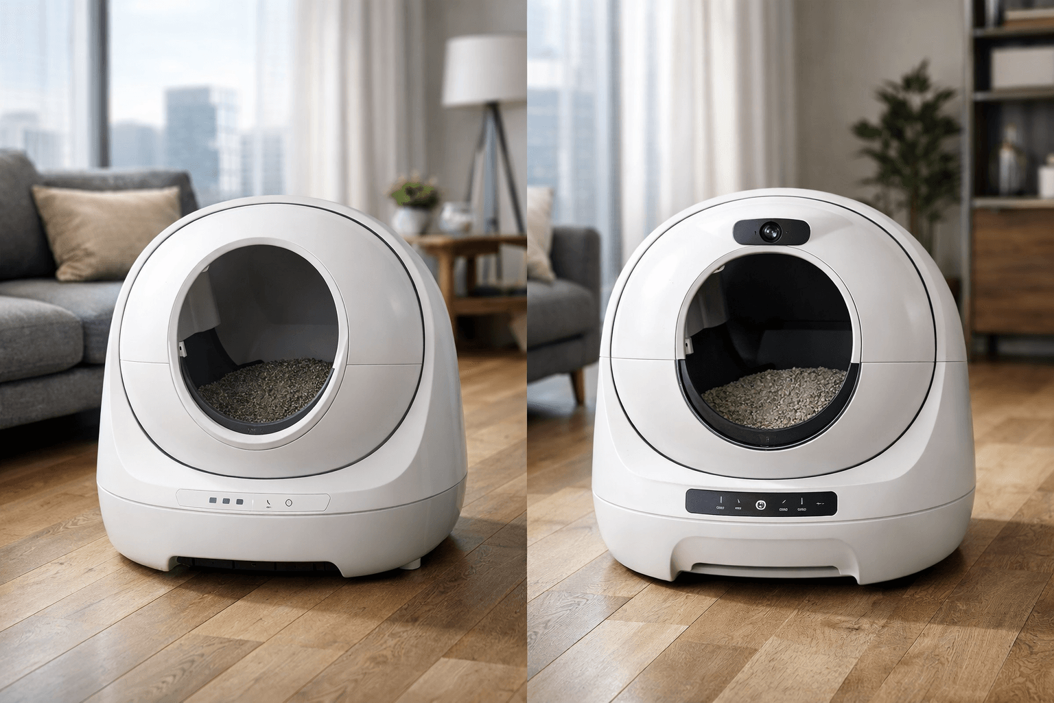 Two premium self-cleaning litter box designs shown side by side for a model comparison