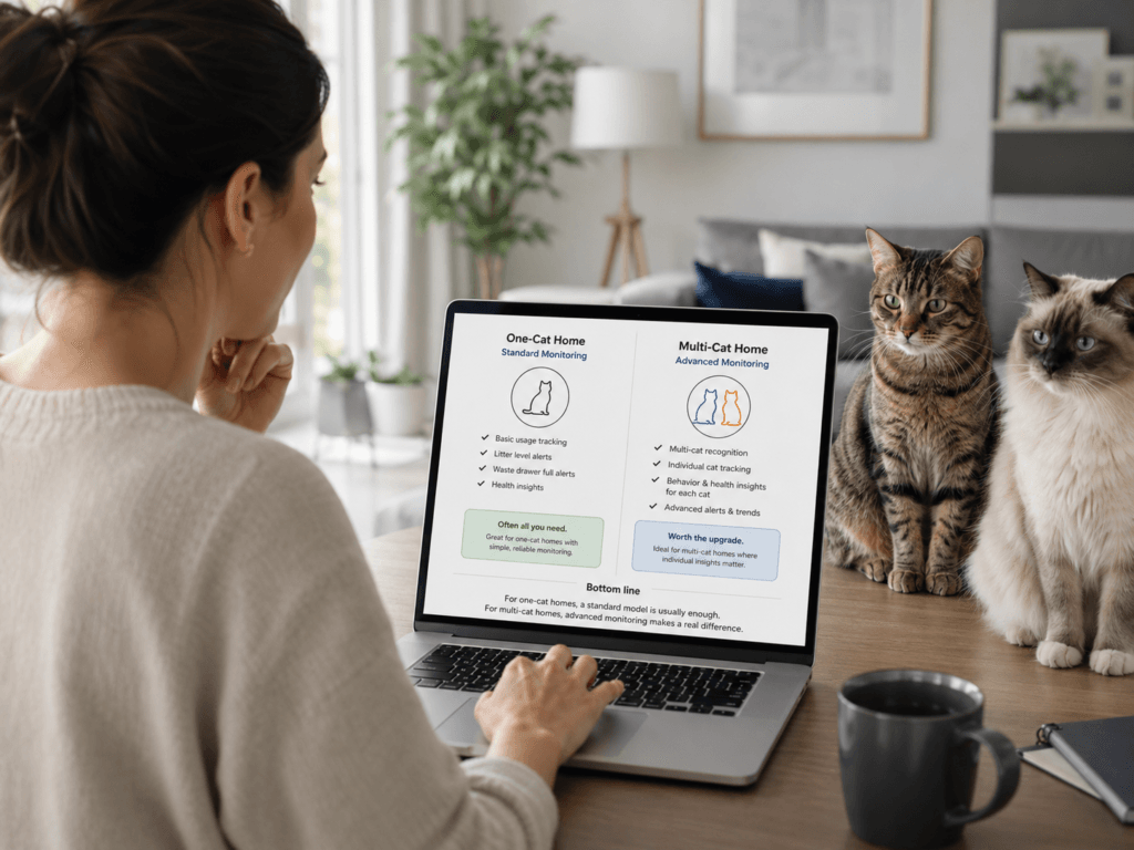 A cat owner comparing one-cat and multi-cat litter box monitoring needs on a laptop while two cats sit nearby