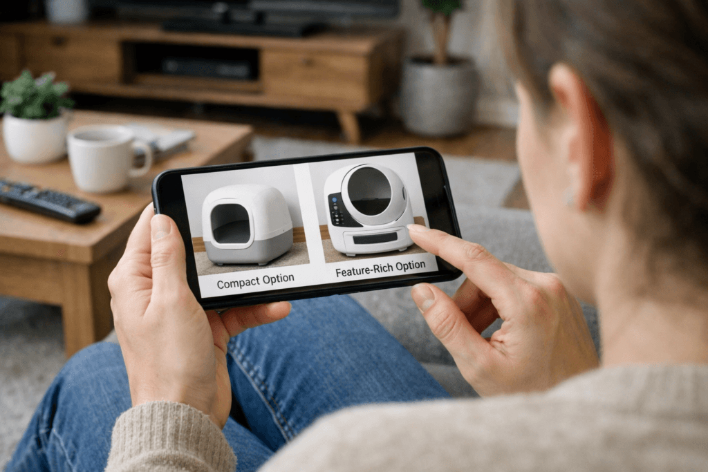 Cat owner comparing compact and advanced smart litter box options on a phone
