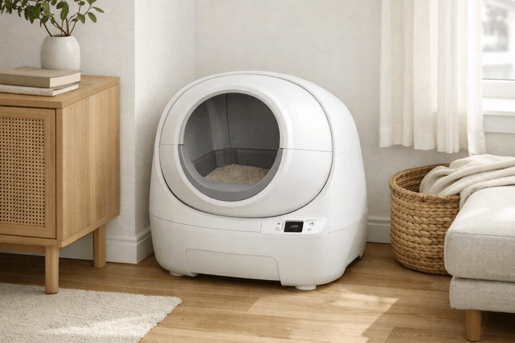 Compact self-cleaning litter box in a small apartment layout
