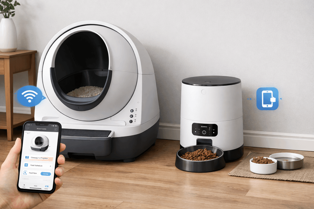 Focused litter-first smart cat ecosystem with premium litter box and feeder