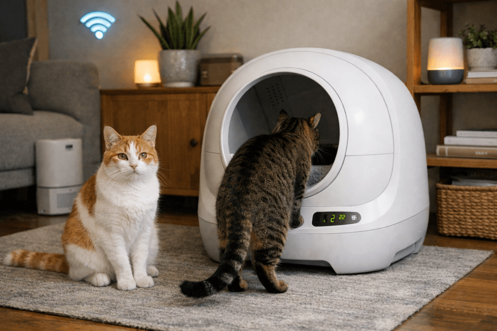 Multi-cat home setup with a premium self-cleaning litter box