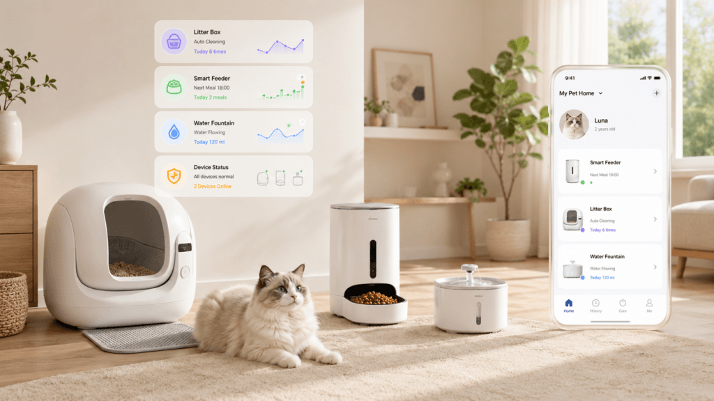 PETKIT-style smart cat setup with feeder, fountain, litter box, app dashboard, and a cat in a bright modern home