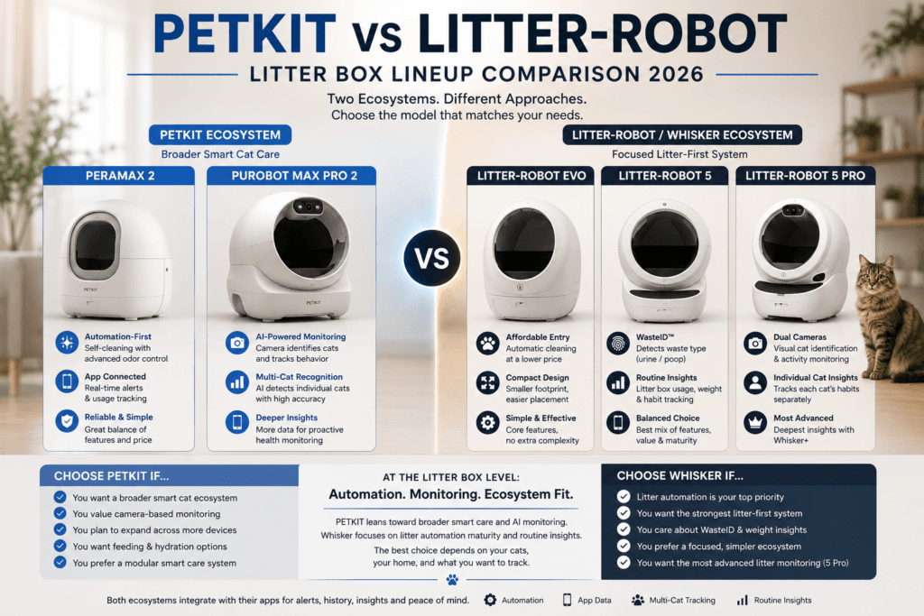 PETKIT Purobot and PuraMax style litter boxes compared with Litter-Robot EVO, Litter-Robot 5 and Litter-Robot 5 Pro style devices