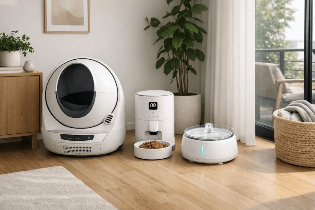 Minimal connected cat tech setup representing a lower-friction smart ecosystem