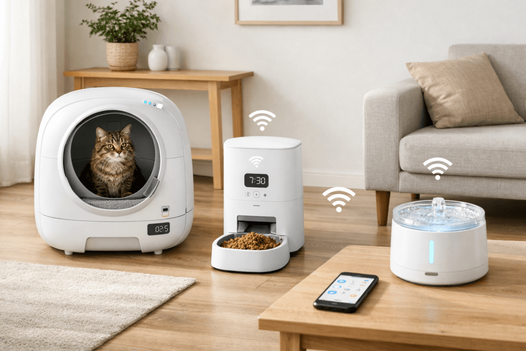 Broad smart cat care setup with litter box, feeder, and fountain in one ecosystem