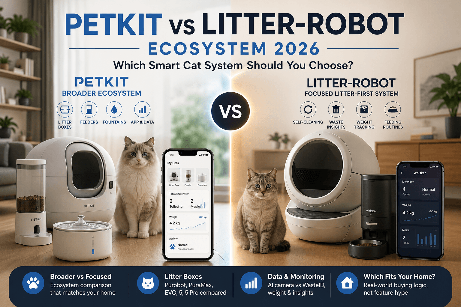 PETKIT and Litter-Robot smart cat ecosystems compared in a modern home with litter box, feeder, fountain and app dashboard