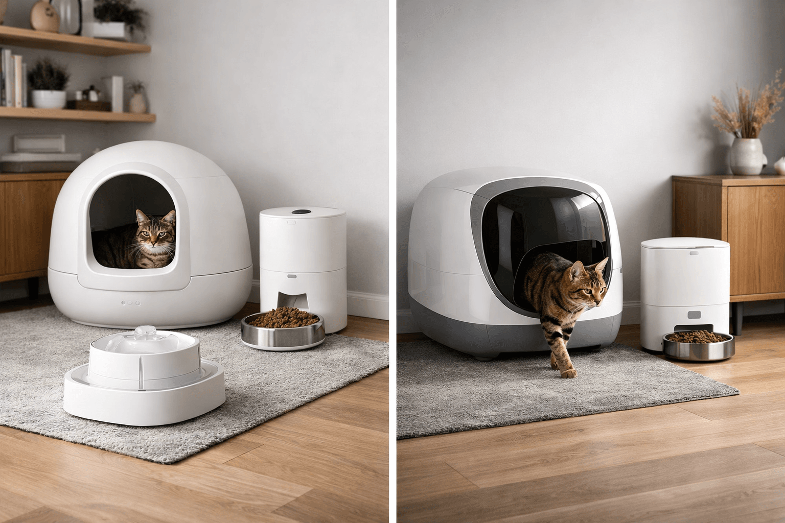 Two smart cat ecosystems compared side by side in a modern home