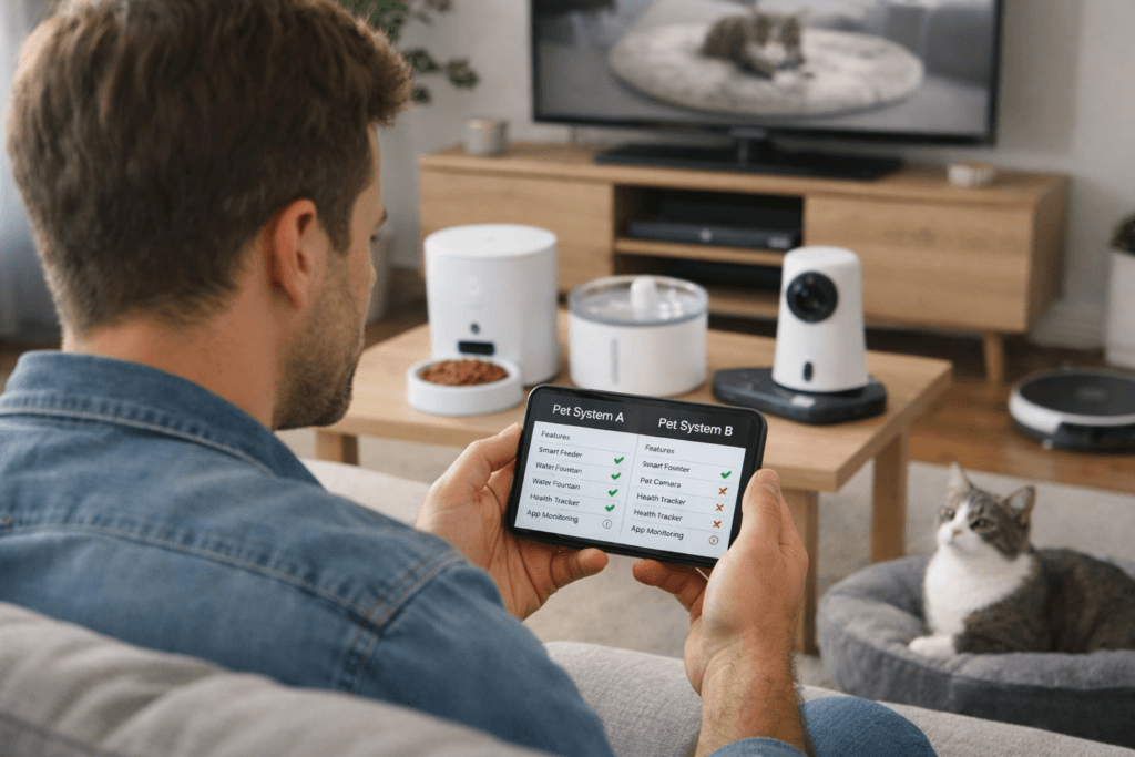 Cat owner comparing two smart pet ecosystems through a mobile app