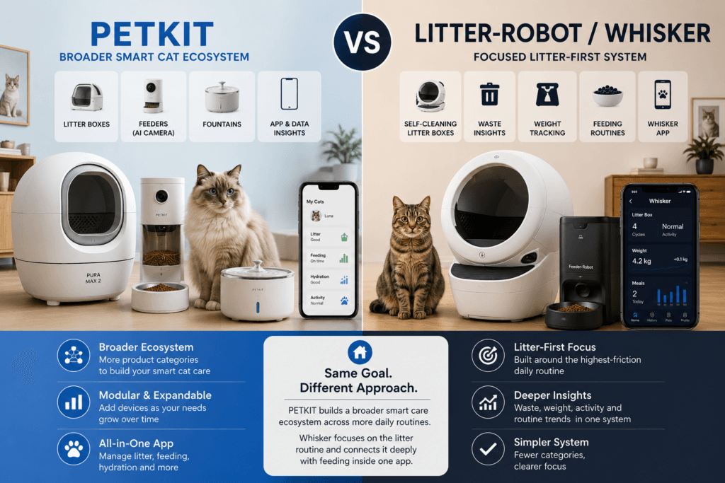 Side-by-side comparison of PETKIT as a broader smart cat ecosystem and Litter-Robot as a focused litter-first system