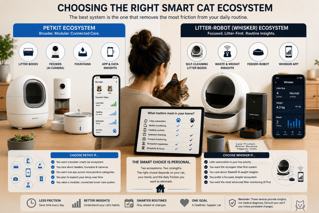 Cat owner comparing smart cat ecosystem choices on a tablet with litter, feeding, hydration and monitoring options