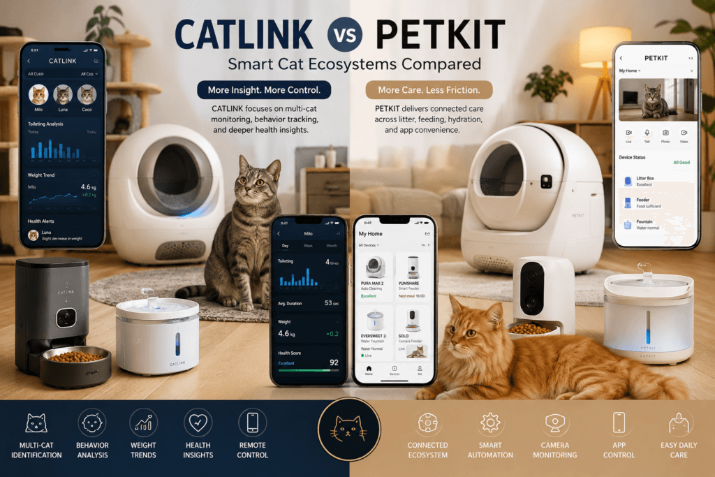 Cat owner comparing PETKIT and CATLINK smart cat ecosystem options at home with app dashboards and connected pet devices