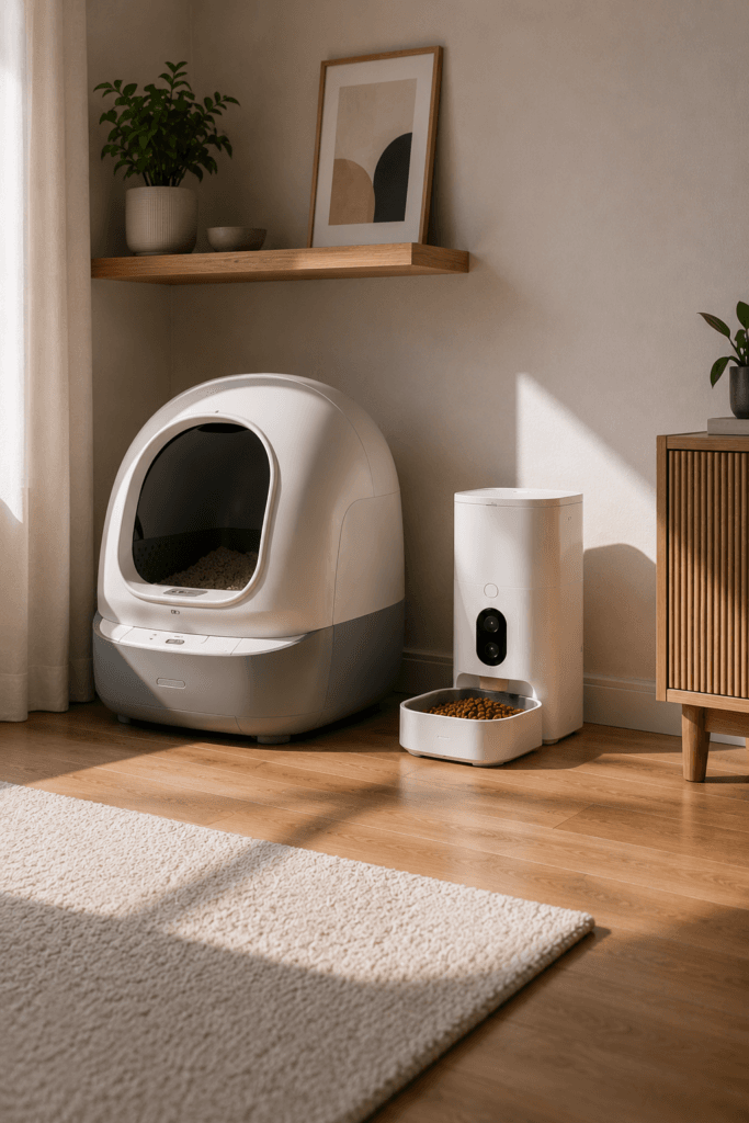 Automation-first cat care setup with self-cleaning litter box and automatic feeder