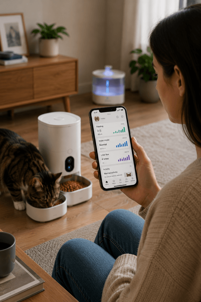Cat owner reviewing smart pet monitoring data from feeder, fountain, and litter box