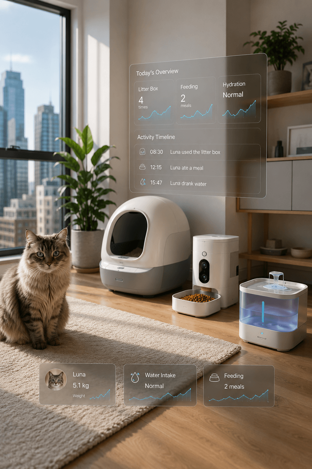 Smart cat tech ecosystem showing automation and monitoring devices in a modern apartment