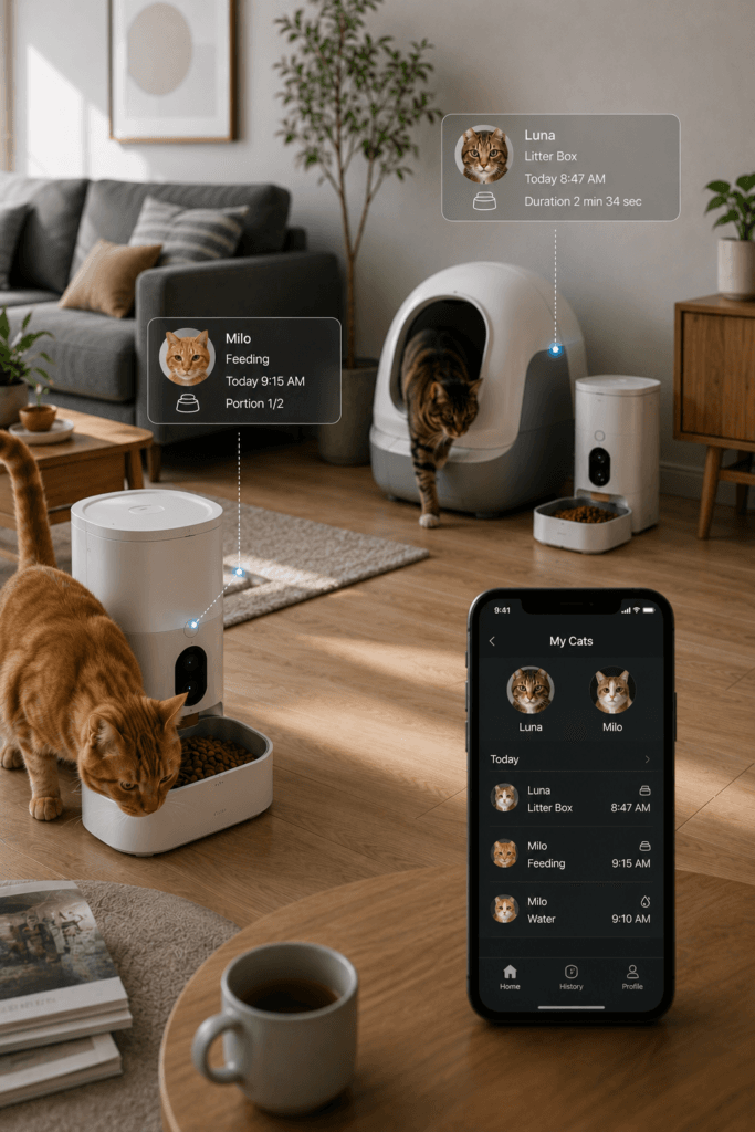 Multi-cat smart monitoring setup with feeder and litter box activity tracking